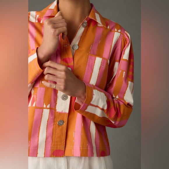 Anthropologie Porridge Ria Printed Shirt Jacket Medium Orange bold colorful pink - Picture 2 of 11